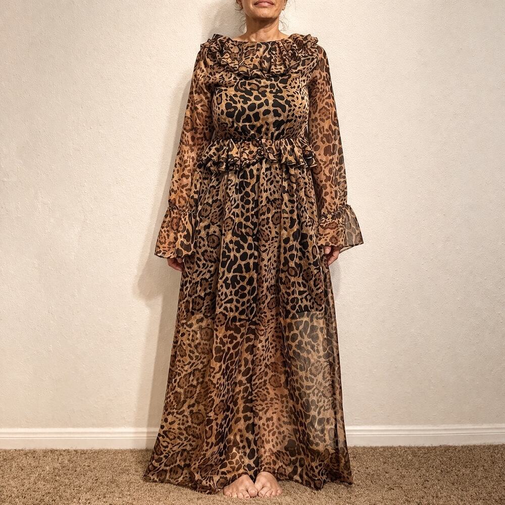 Danity Brown Leopard Print Ruffle Maxi Dress Sheer Boho Open Back Sz M